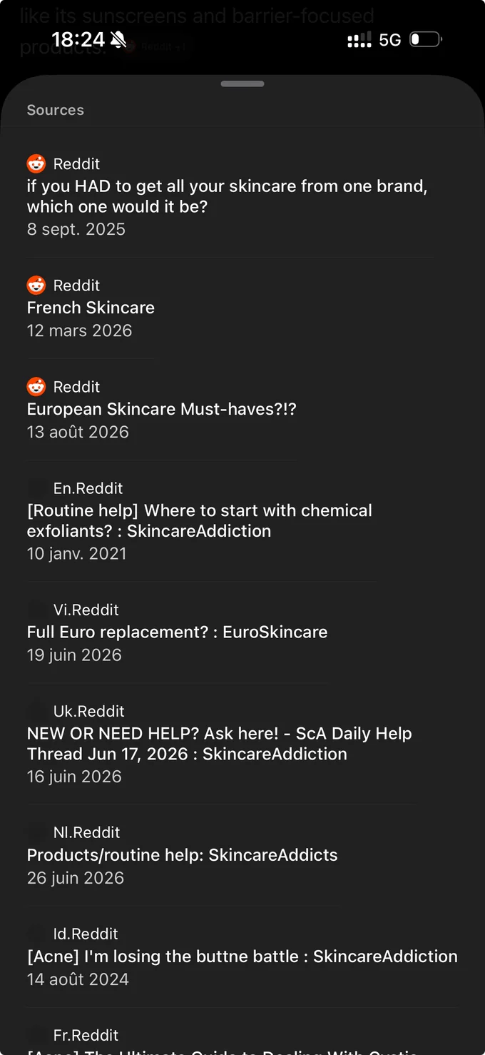 Capture mobile de sources Reddit sur des questions de soins de la peau